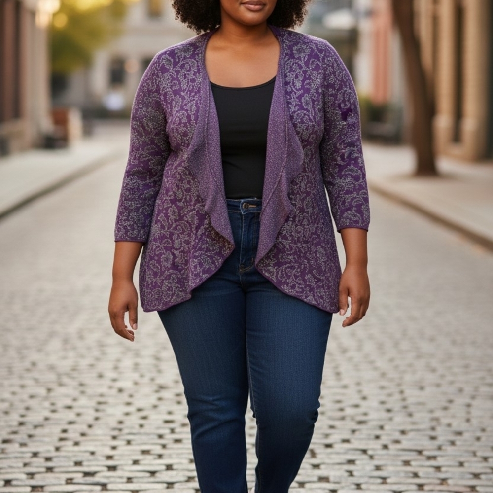 Catherines Purple Floral Gliiter Open-Front Cardigan